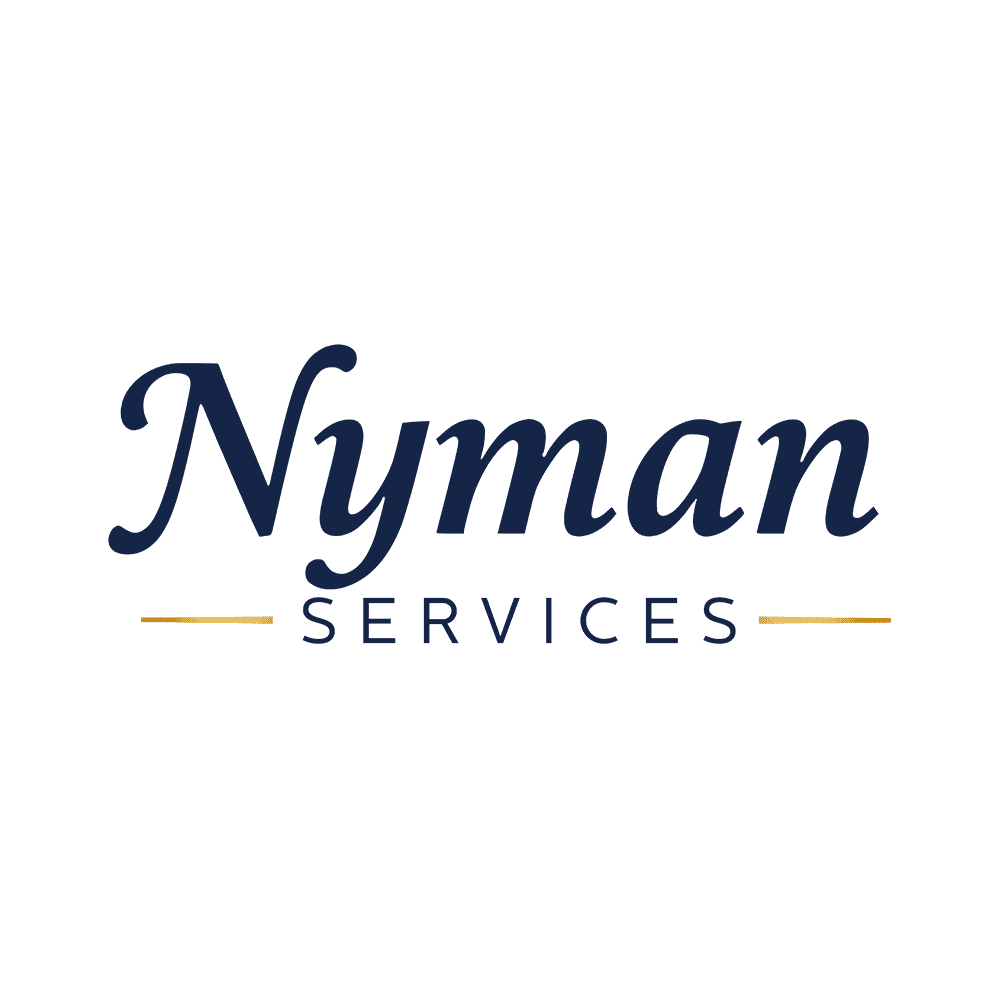 Logo for Nyman Services, a landscape construction company, featuring the name in navy blue text with gold horizontal lines above and below "Services" on a white background.