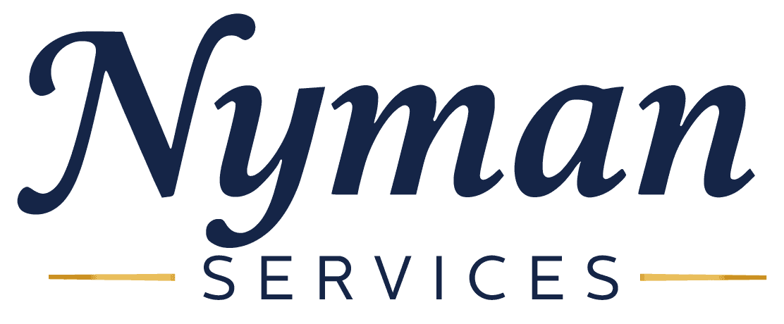 Nyman Services logo in dark blue script font with gold horizontal lines on either side of the word 'Services' below, perfectly reflecting the quality and professionalism of Nyman Services’ landscape construction expertise.